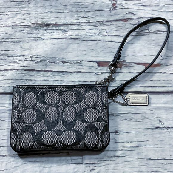 Coach Womens Purse Wristlet Gray Black Logo Zipper Close Blue Lining 6" x 4" - Picture 6 of 8